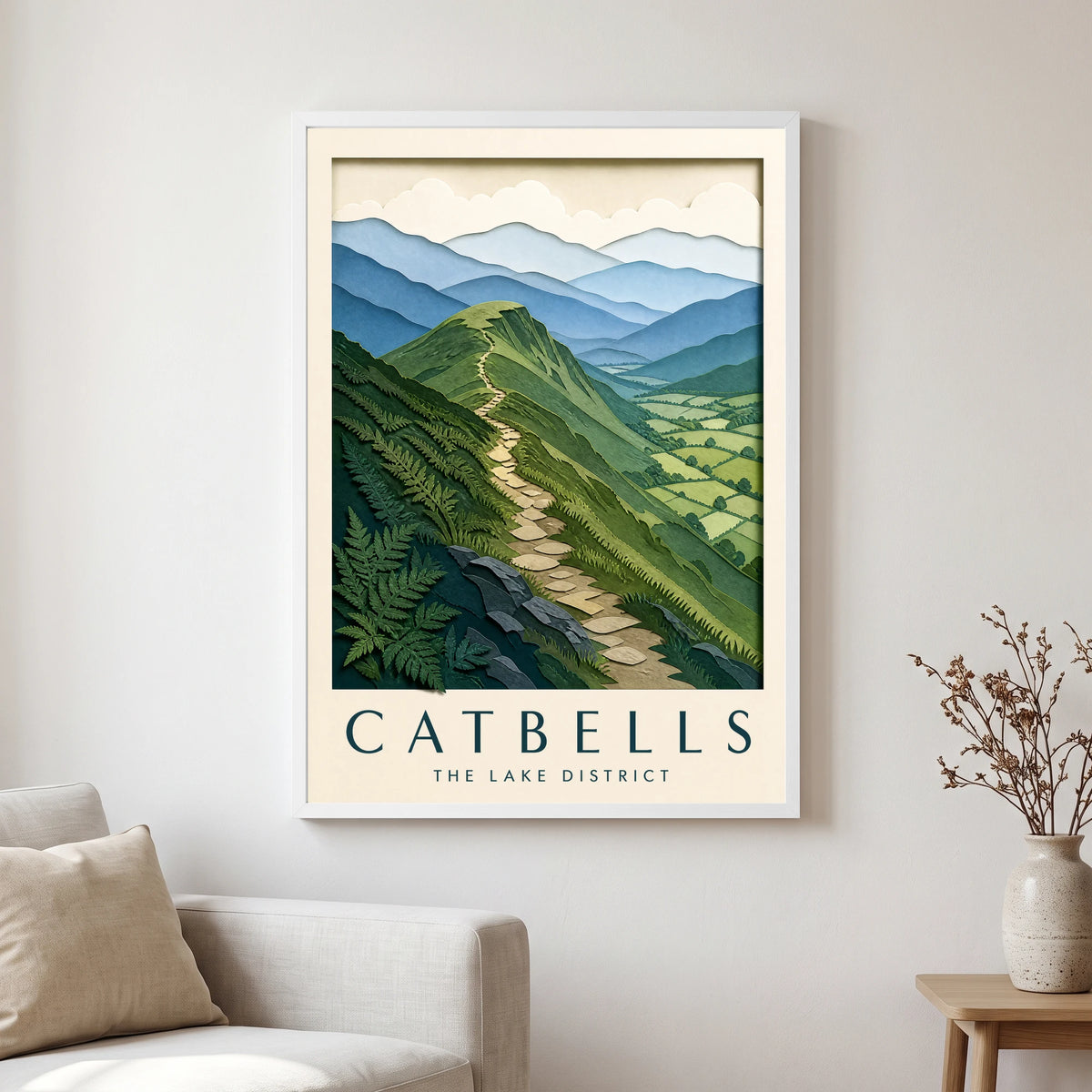 Catbells travel poster in a white frame, hanging in a living2
