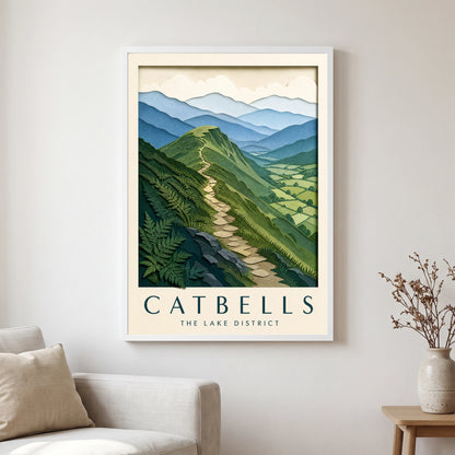 Catbells travel poster in a white frame, hanging in a living2