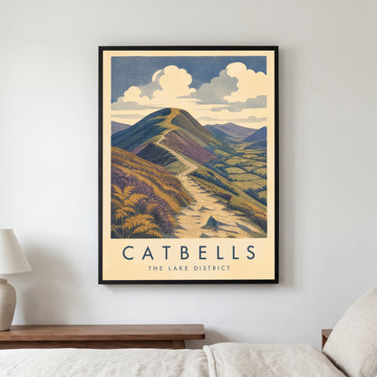 Catbells travel poster in a black frame, hanging in a bedroom3