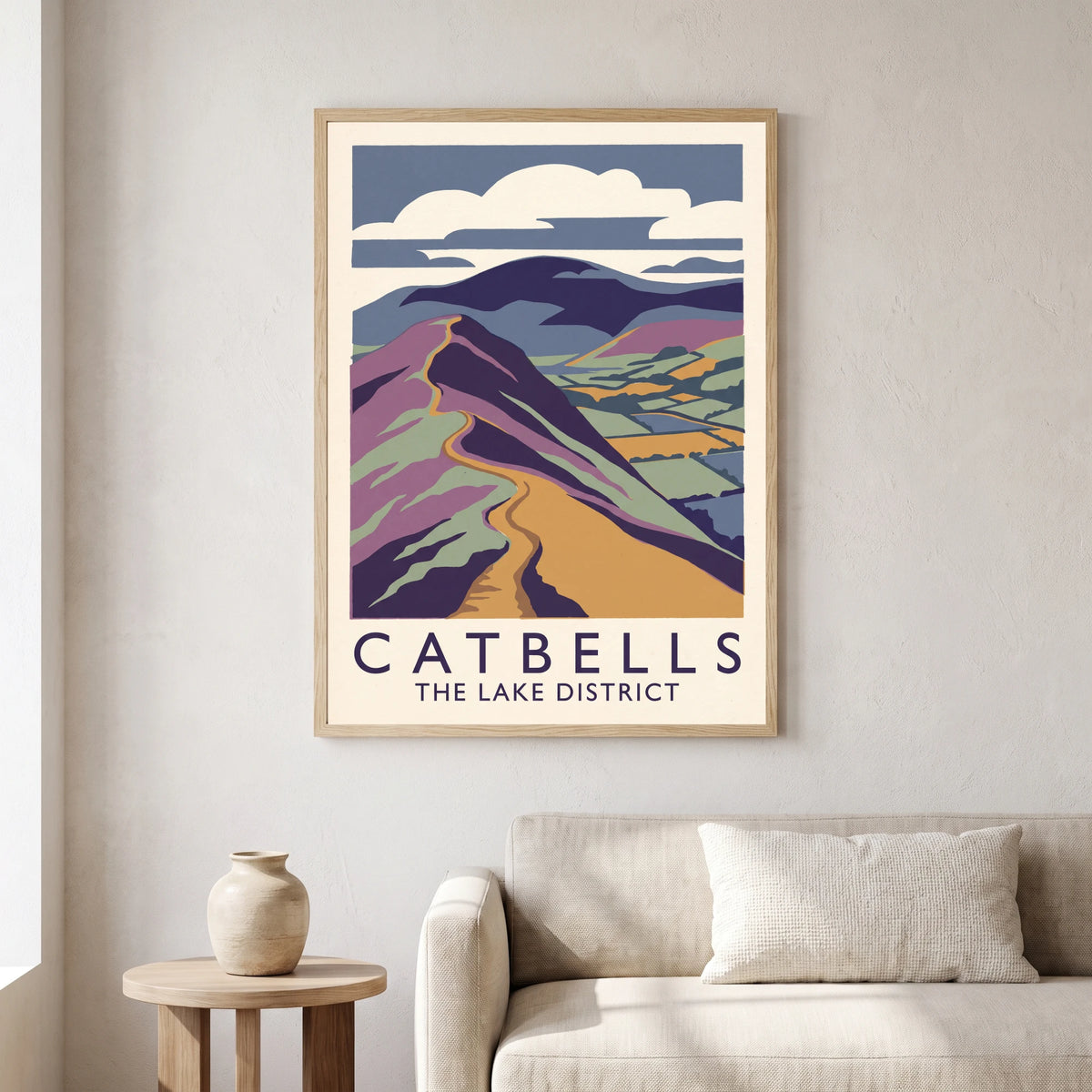 Catbells travel poster in a natural frame, hanging in a living