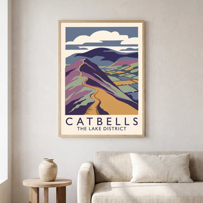 Catbells travel poster in a natural frame, hanging in a living