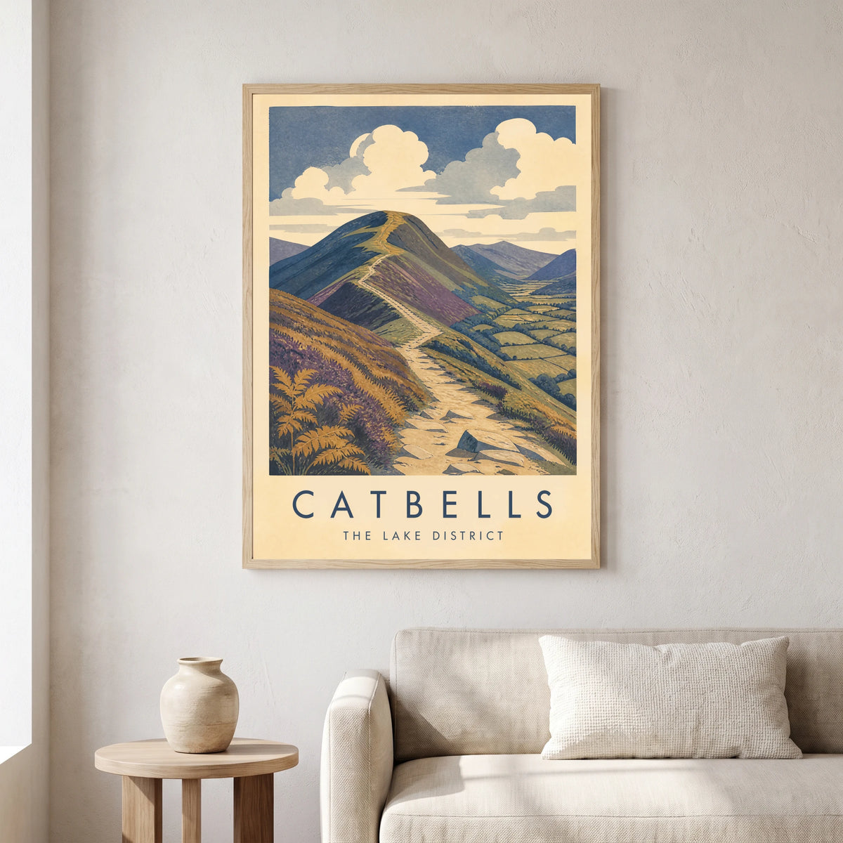 Catbells travel poster in a natural frame, hanging in a living