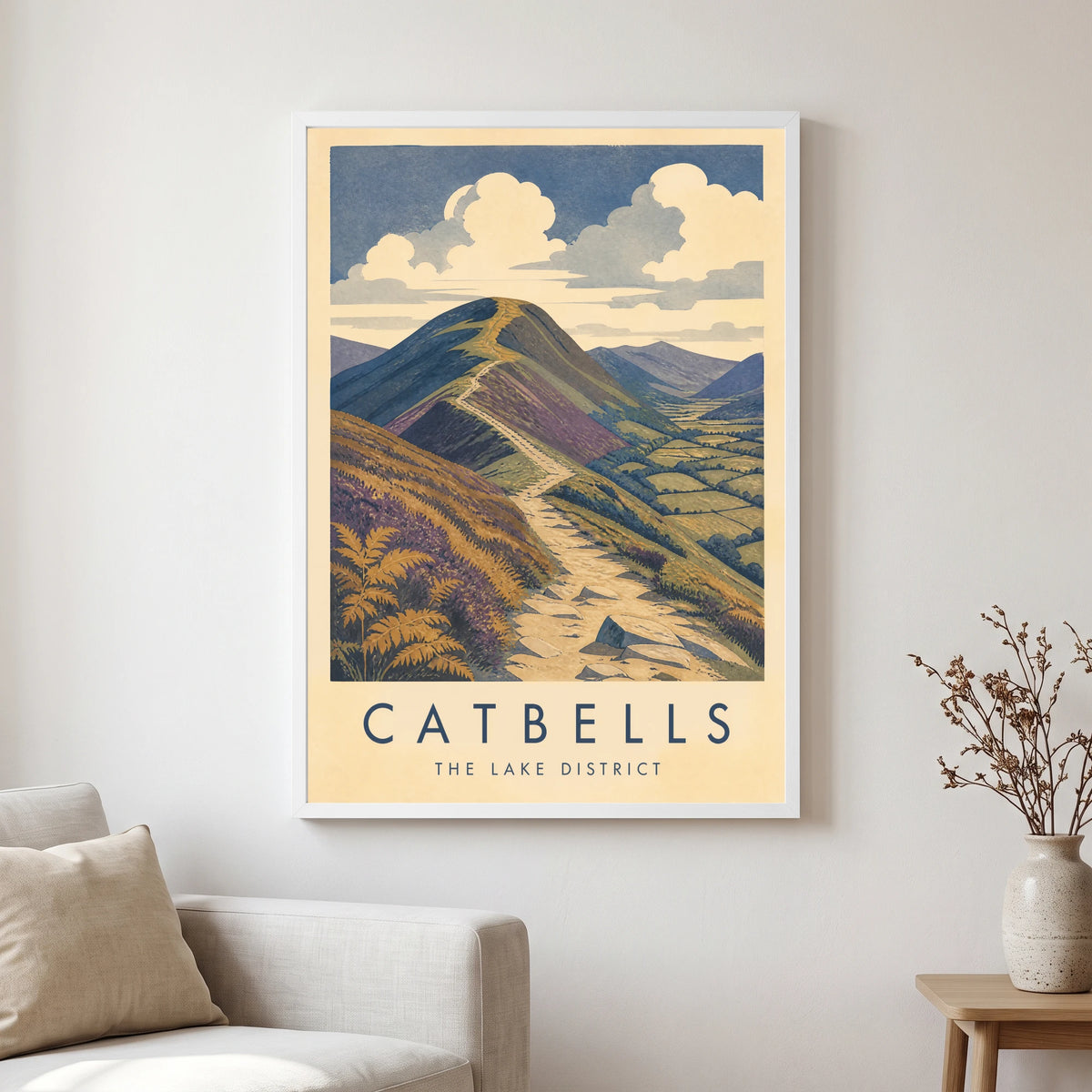 Catbells travel poster in a white frame, hanging in a living2