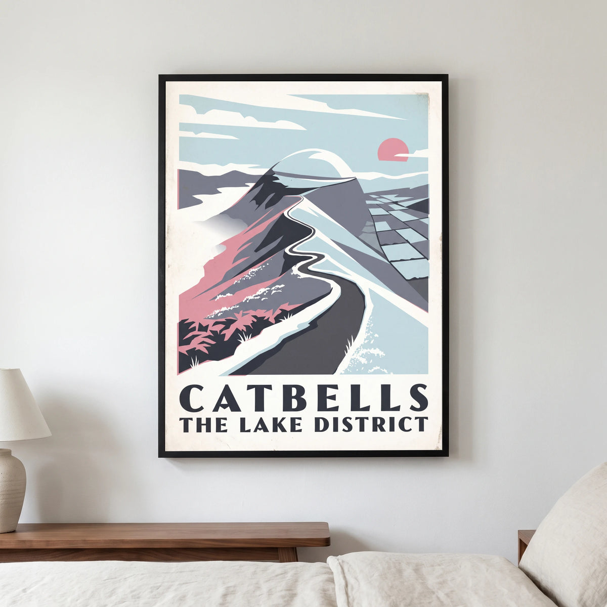 Catbells travel poster in a black frame, hanging in a bedroom3