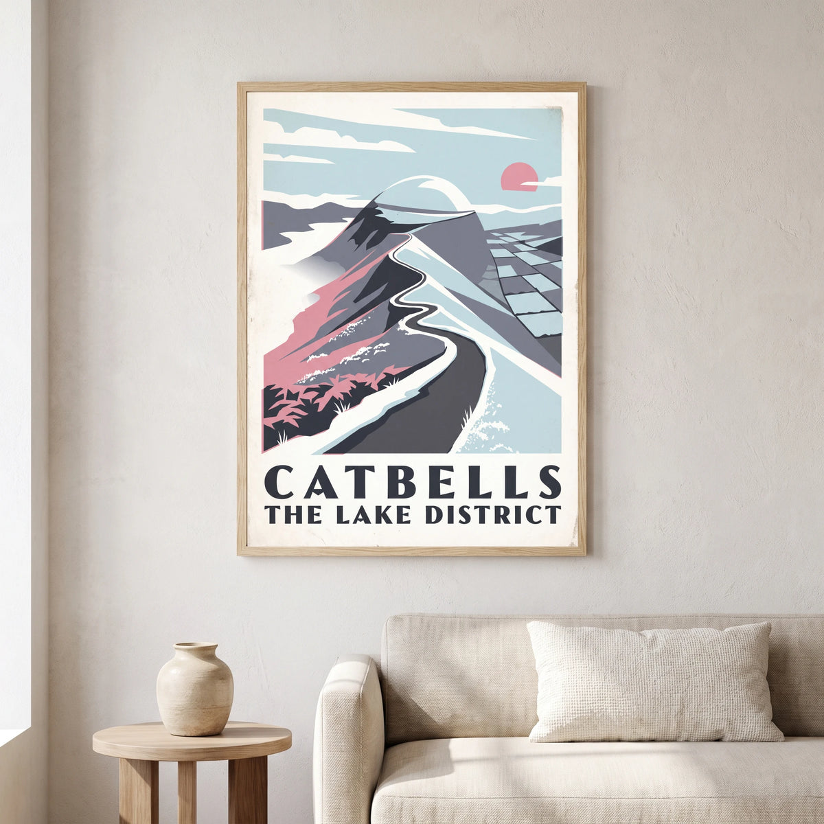 Catbells travel poster in a natural frame, hanging in a living