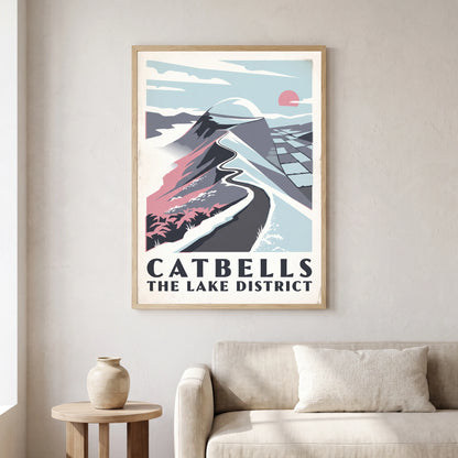 Catbells travel poster in a natural frame, hanging in a living