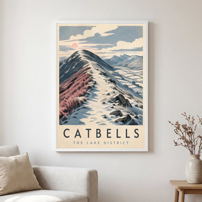 Catbells travel poster in a white frame, hanging in a living2