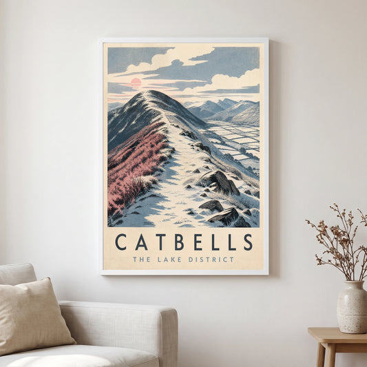 Catbells travel poster in a white frame, hanging in a living2