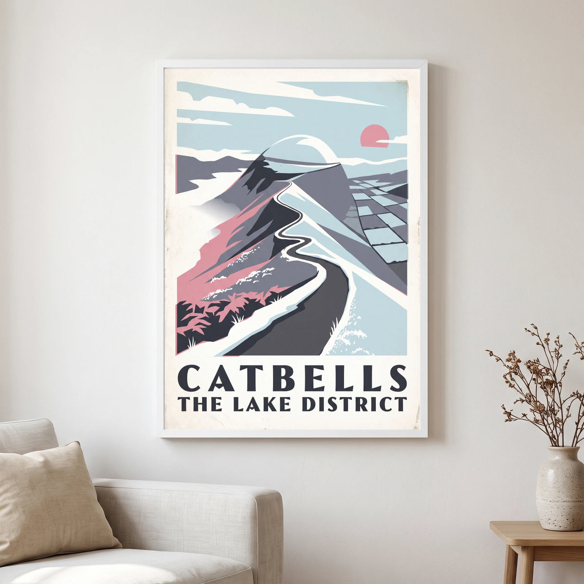 Catbells travel poster in a white frame, hanging in a living2