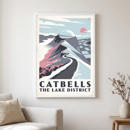 Catbells travel poster in a white frame, hanging in a living2