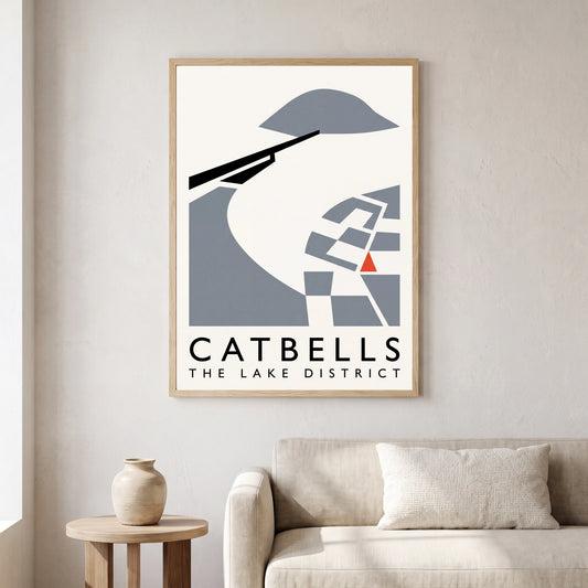 Catbells travel poster in a natural frame, hanging in a living