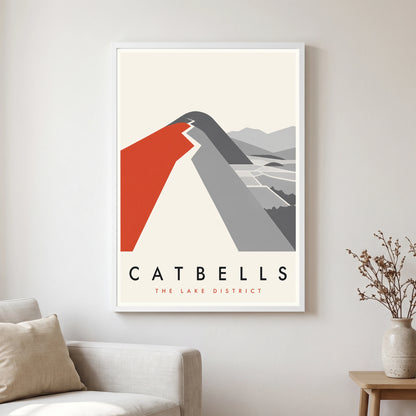 Catbells travel poster in a white frame, hanging in a living2