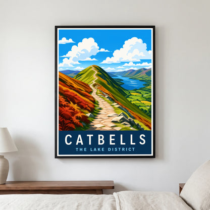 Catbells travel poster in a black frame, hanging in a bedroom3