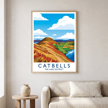 Catbells travel poster in a natural frame, hanging in a living