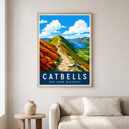 Catbells travel poster in a natural frame, hanging in a living