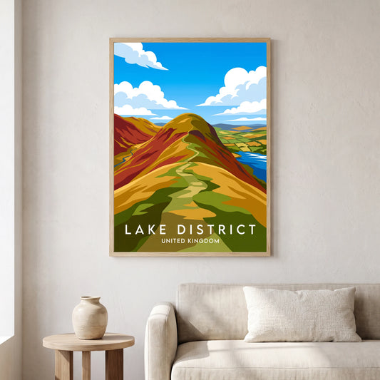 Catbells travel poster in a natural frame, hanging in a living