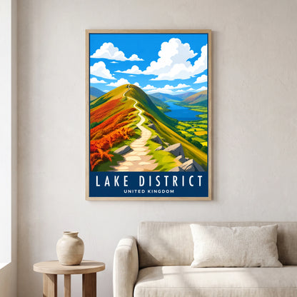 Catbells travel poster in a natural frame, hanging in a living
