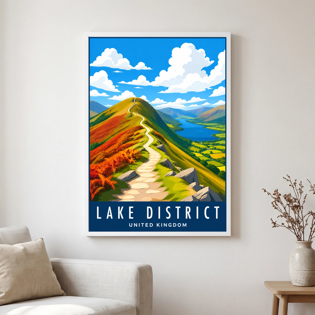Catbells travel poster in a white frame, hanging in a living2