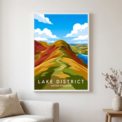 Catbells travel poster in a white frame, hanging in a living2