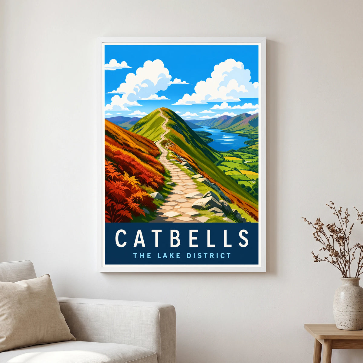 Catbells travel poster in a white frame, hanging in a living2