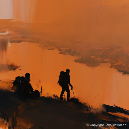 Catbells Walkers in Amber Light - lake district fell art print and canvas by James Yarborough A.I