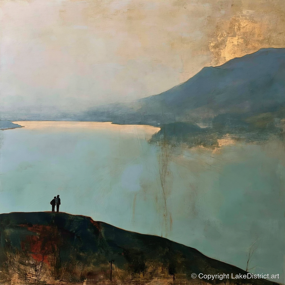 Catbells Walkers in Golden Light - lake district fell art print and canvas by Silas Thorne A.I