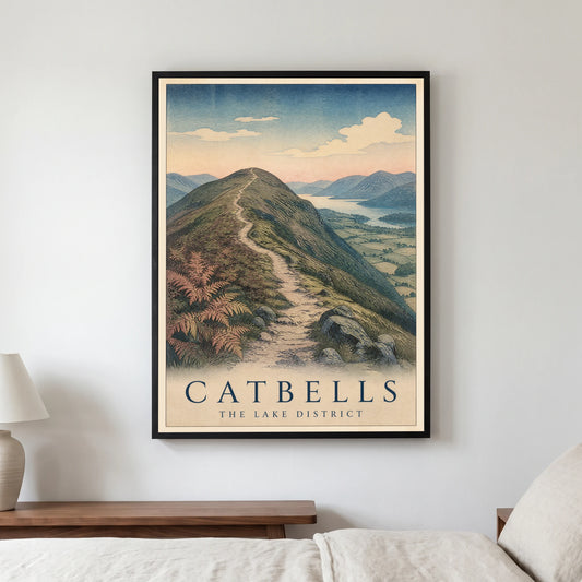 Catbells travel poster in a black frame, hanging in a bedroom3