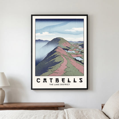 Catbells travel poster in a black frame, hanging in a bedroom3