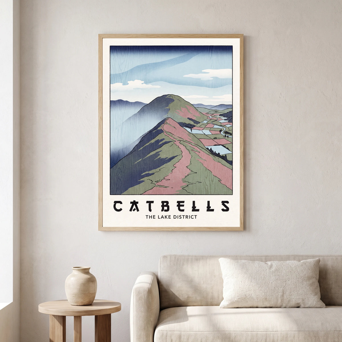 Catbells travel poster in a natural frame, hanging in a living