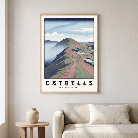 Catbells travel poster in a natural frame, hanging in a living