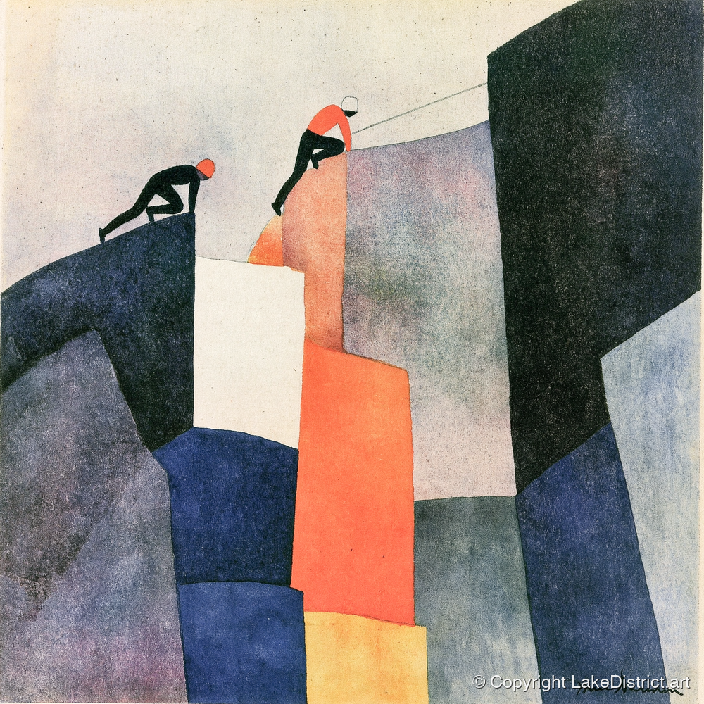 Climbers Ascending a Geometric Crag - lake district walking art print and canvas by Edwin Locke A.I