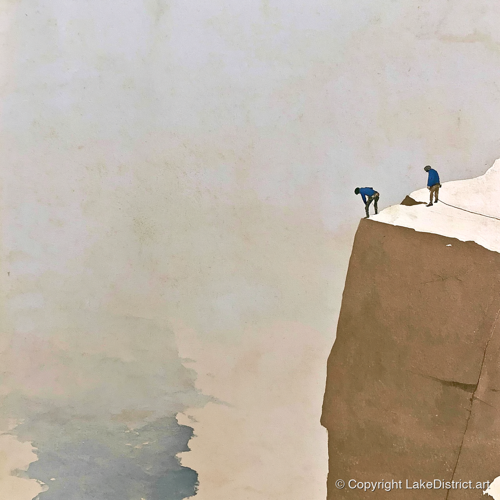 Climbers on a High Snowy Ledge - lake district walking art print and canvas by Phillip Marbury A.I