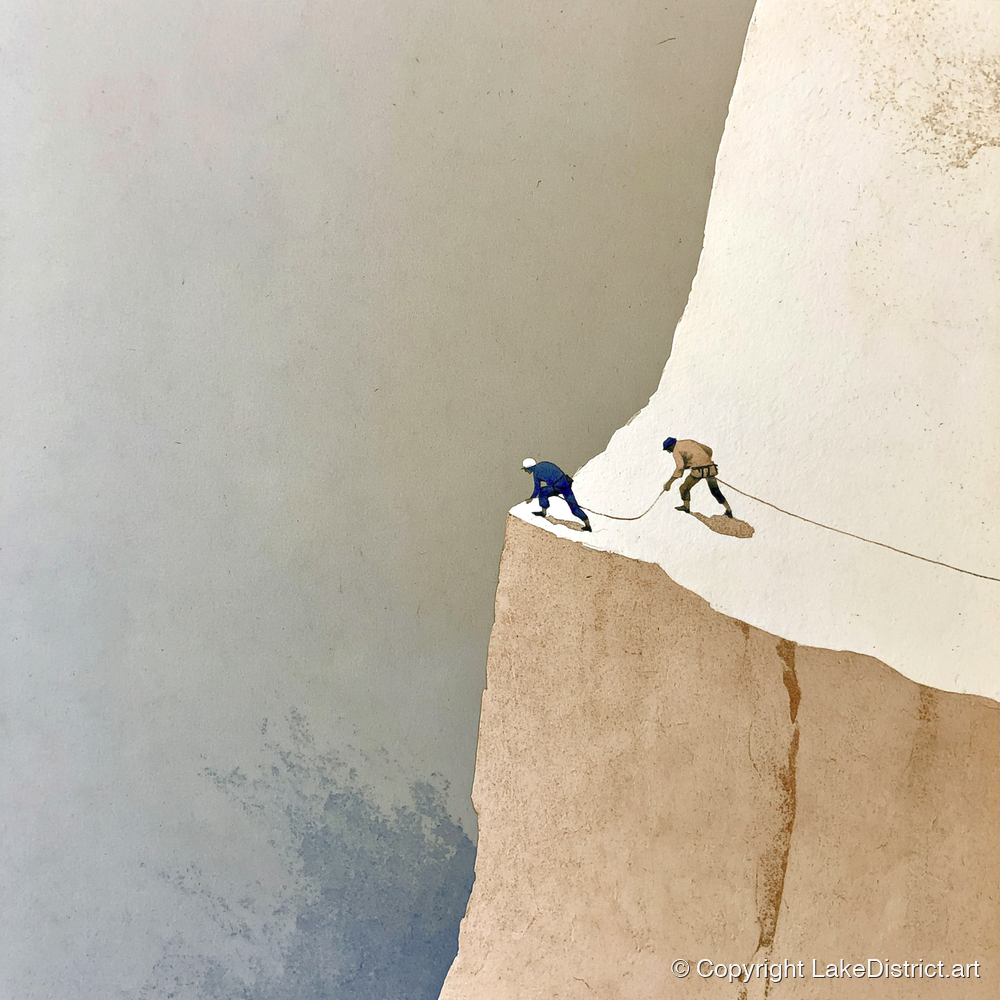 Climbers on a Misty Crag - lake district walking art print and canvas by Phillip Marbury A.I