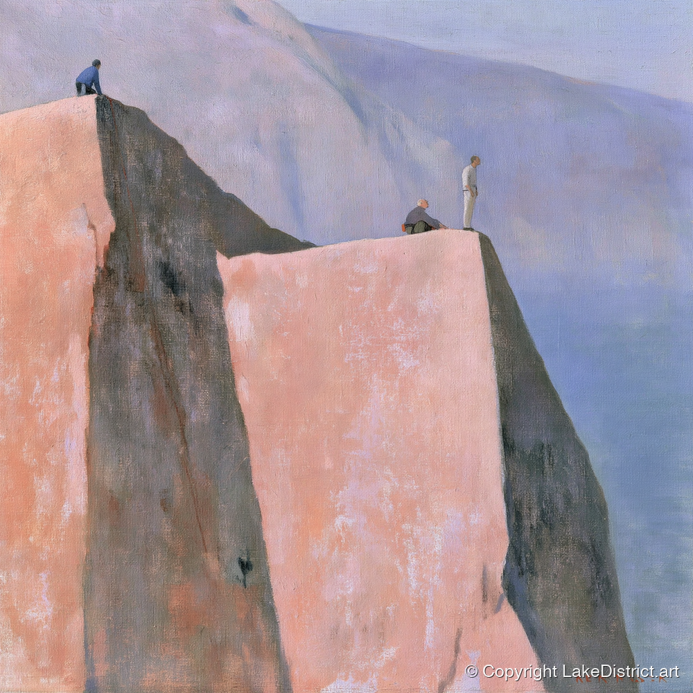 Climbers on a Pastel Crag - lake district walking art print and canvas by Alistair Thorne A.I