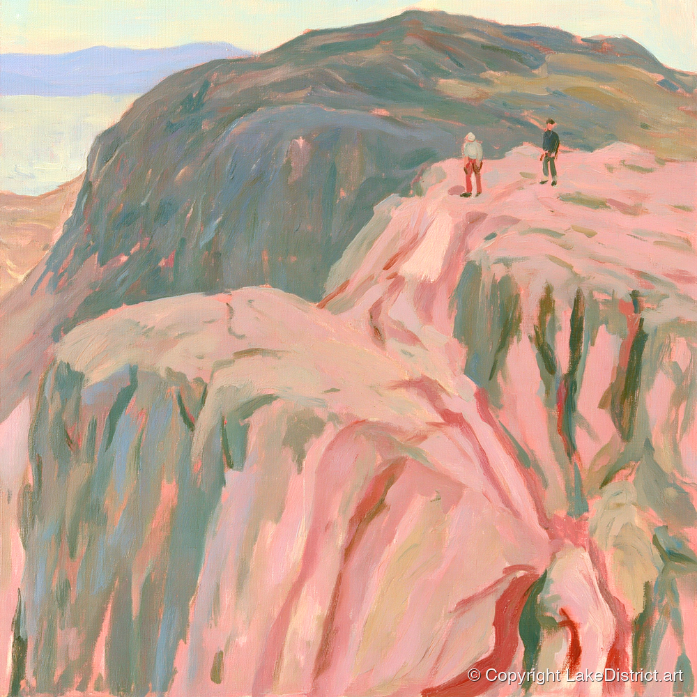 Climbers on a Rosy Crag - lake district walking art print and canvas by Florence Hadley A.I