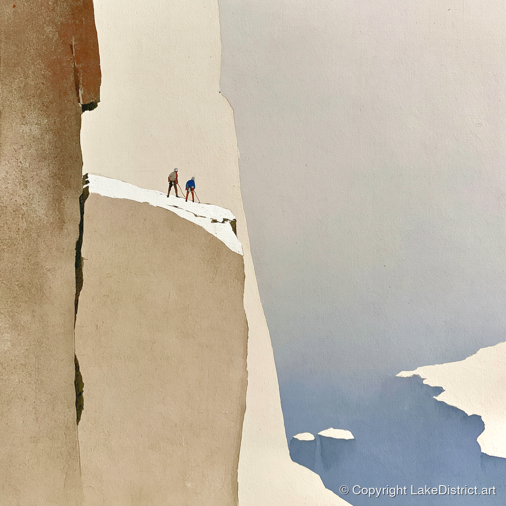 Climbers on a Snowy Precipice - lake district walking art print and canvas by Phillip Marbury A.I