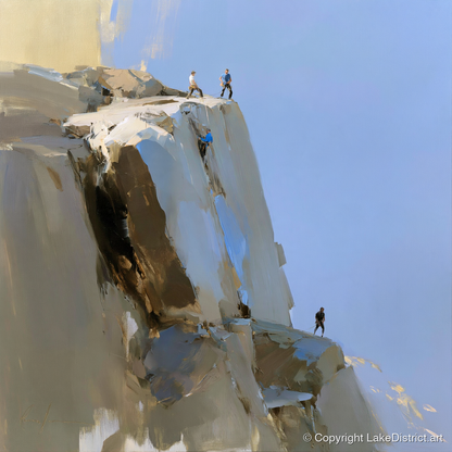 Climbers on a Sunlit Crag - lake district walking art print and canvas by Elias Thorne A.I