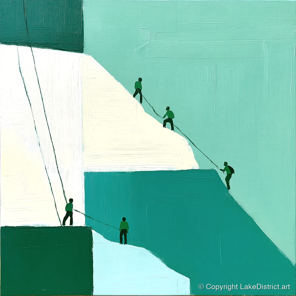 Climbers on a Teal Crag - lake district walking art print and canvas by Sebastian Finch A.I