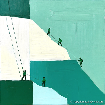 Climbers on a Teal Crag - lake district walking art print and canvas by Sebastian Finch A.I