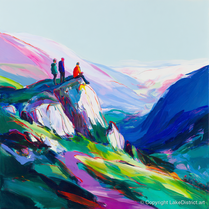 Climbers on a Vibrant Crag - lake district walking art print and canvas by Julian Mercer A.I