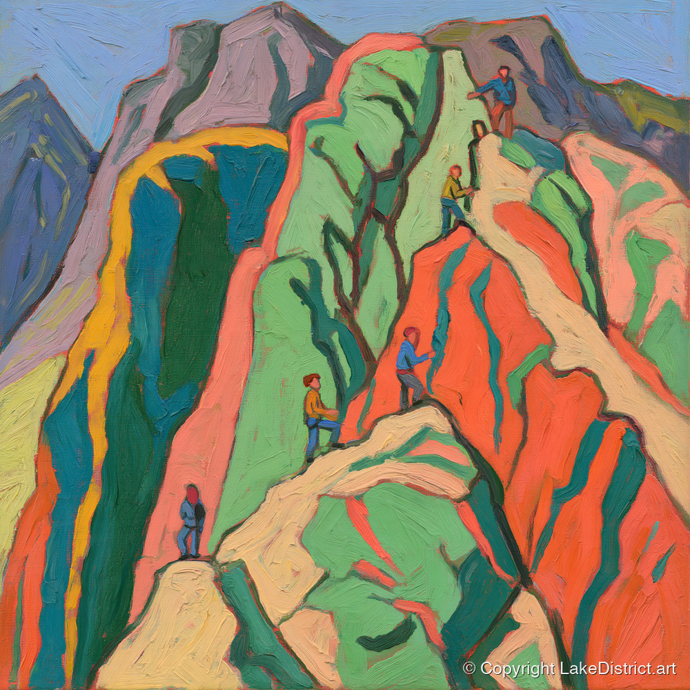 Climbers on a Vivid Crag - lake district walking art print and canvas by Mirabel Carlyle A.I