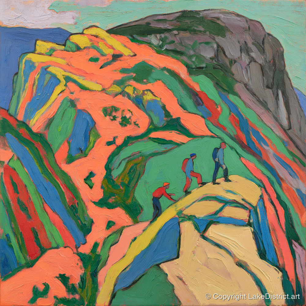 Climbers on the Bright Orange Crag - lake district walking art print and canvas by Mirabel Carlyle A.I