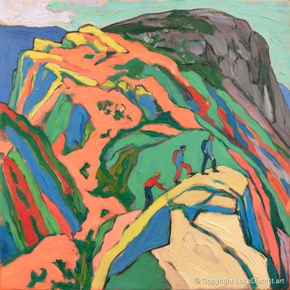 Climbers on the Bright Orange Crag - lake district walking art print and canvas by Mirabel Carlyle A.I