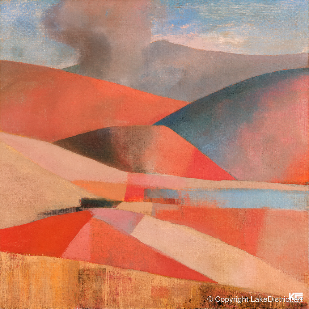 Cloudy Rolling Fells in Coral - lake district fell art print and canvas by Arthur Pendelton A.I