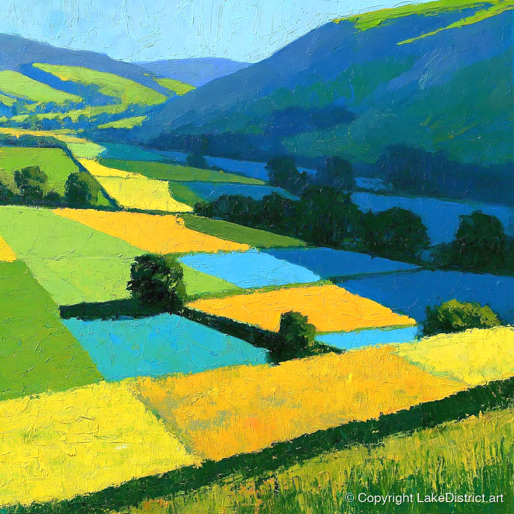 Cobalt And Yellow Dale Fields - lake district valley art print and canvas by Daphne Morley A.I