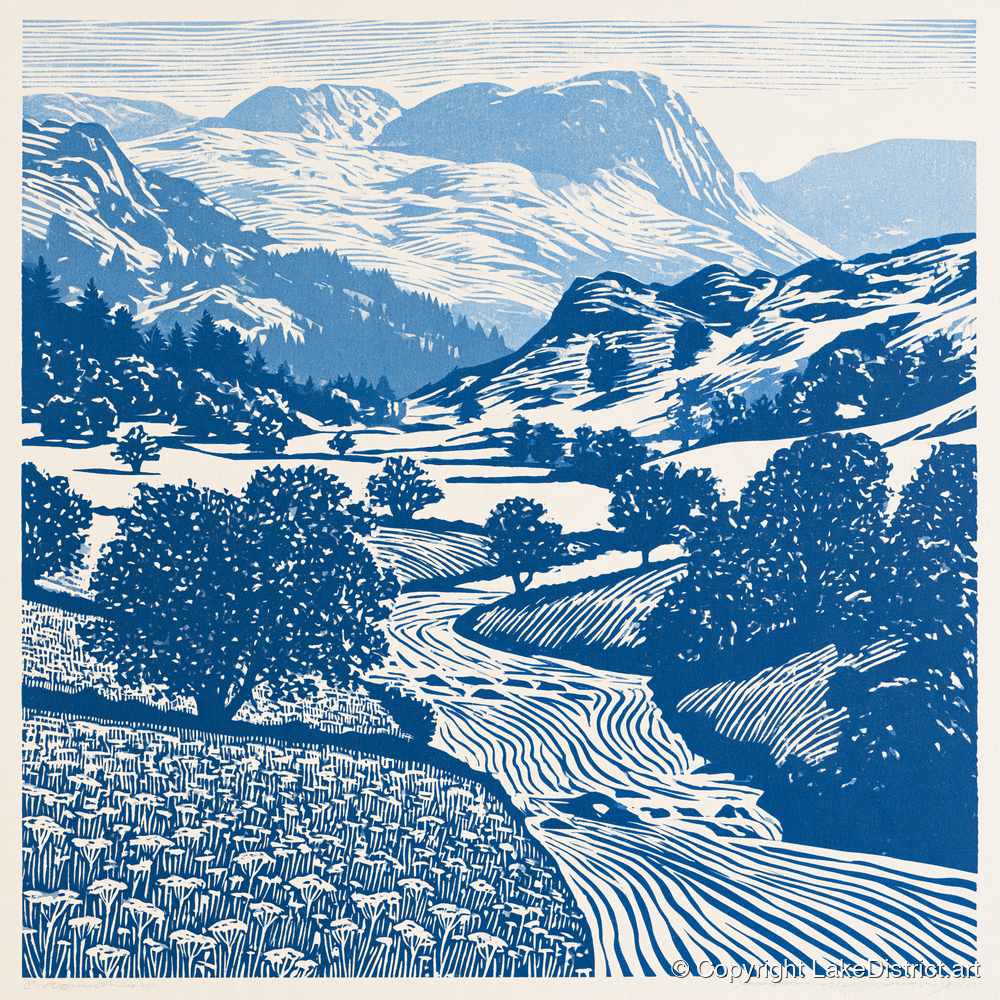 Cobalt Blue Eskdale Valley - lake district valley art print and canvas by Hugh Lancaster A.I