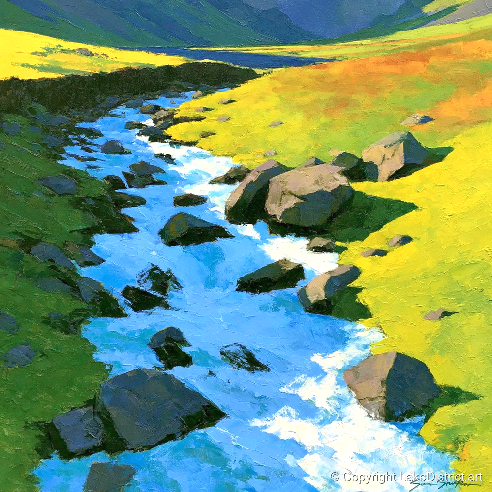 Cobalt Blue Fellside Beck - lake district waterfall art print and canvas by Daphne Morley A.I