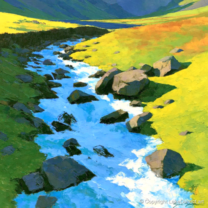 Cobalt Blue Fellside Beck - lake district waterfall art print and canvas by Daphne Morley A.I