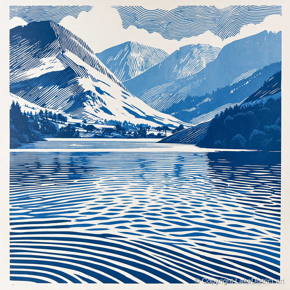 Cobalt Blue Lake And Fells - lake district lake art print and canvas by Hugh Lancaster A.I