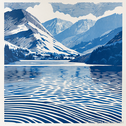 Cobalt Blue Lake And Fells - lake district lake art print and canvas by Hugh Lancaster A.I